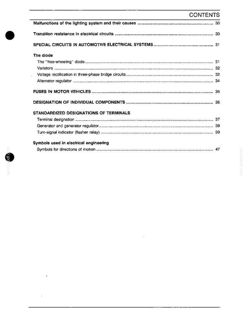 May include: A white page with a table of contents from a manual. The text includes topics like "Malfunctions of the lighting system," "Fuses in motor vehicles," and "Standardized designations of terminals."