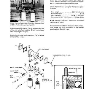 May include: Diagram of dual oil filters with a heat exchanger, including labeled components like relief valve ball, spring, and filters. Text provides instructions for maintenance and specifications, with measurements in inches and pounds.