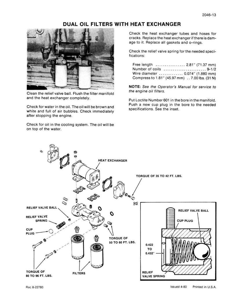 May include: Diagram of dual oil filters with a heat exchanger, including labeled components like relief valve ball, spring, and filters. Text provides instructions for maintenance and specifications, with measurements in inches and pounds.