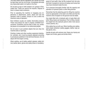 May include: Page from a manual titled "Chapter 2 - Safety / Decals / Hand Signals." The text provides safety guidelines for machinery operation, including welding, handling fuel, and using hydraulic jacks. It emphasizes the importance of protective gear.