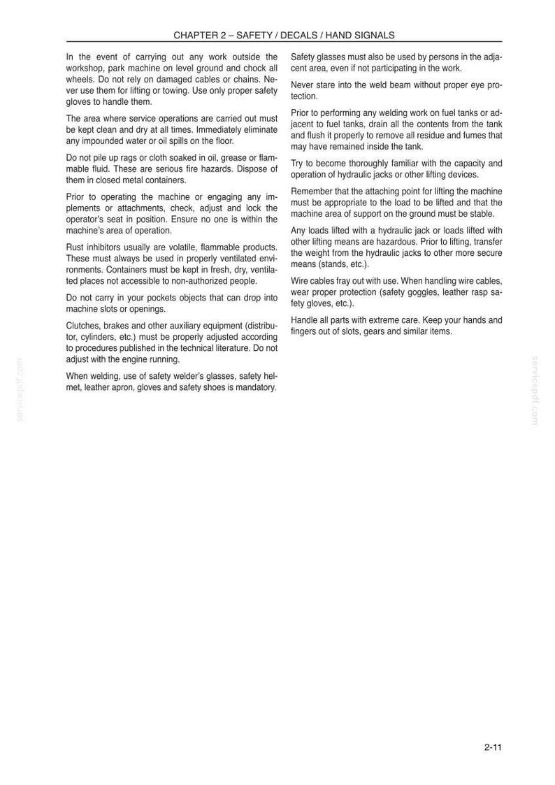 May include: Page from a manual titled "Chapter 2 - Safety / Decals / Hand Signals." The text provides safety guidelines for machinery operation, including welding, handling fuel, and using hydraulic jacks. It emphasizes the importance of protective gear.
