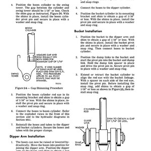 Op de afbeelding: Technische diagrammen en instructies voor machinereparatie, met illustraties van giekcilinders, scharnierpennen en bakverbindingen. De tekst bevat metingen in inches en fracties van inches, en details over de shimming procedures.
