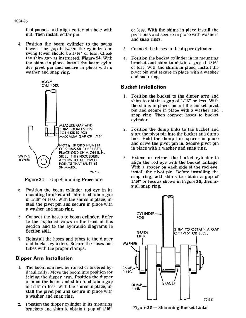 Op de afbeelding: Technische diagrammen en instructies voor machinereparatie, met illustraties van giekcilinders, scharnierpennen en bakverbindingen. De tekst bevat metingen in inches en fracties van inches, en details over de shimming procedures.