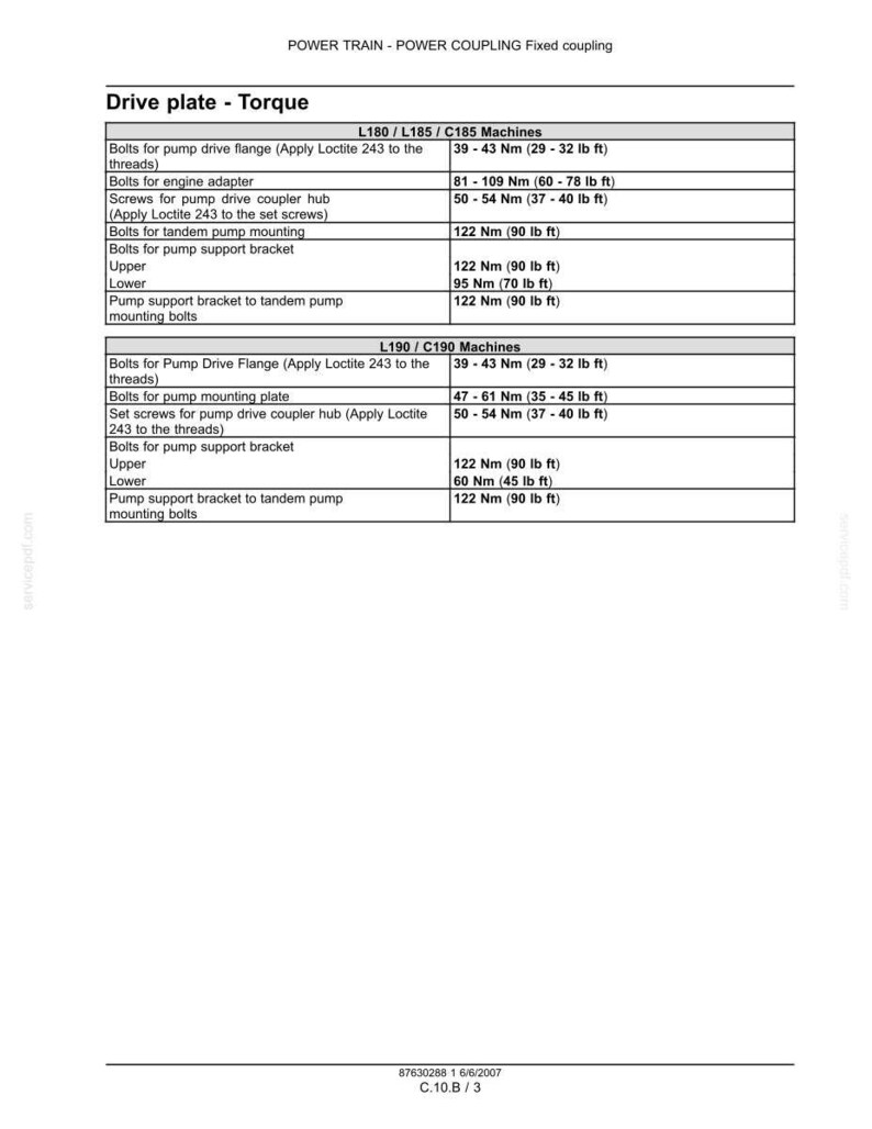 Puede incluir: Un documento t&eacute;cnico titulado POWER TRAIN - POWER COUPLING Fixed coupling, que presenta una tabla titulada Drive plate - Torque. Enumera las especificaciones de par en Nm y lb ft para las m&aacute;quinas L180, L185, C185, L190 y C190, incluyendo los pernos.