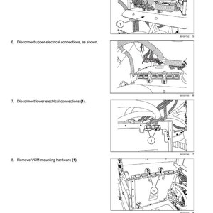 Op de afbeelding: Diagram van componenten van het elektrische systeem van een voertuig, inclusief de Vehicle Control Module (VCM), montagebeugel en elektrische aansluitingen. Instructies voor het loskoppelen en verwijderen van onderdelen. Tekst: "Elektrische systemen - Elektronische modules".