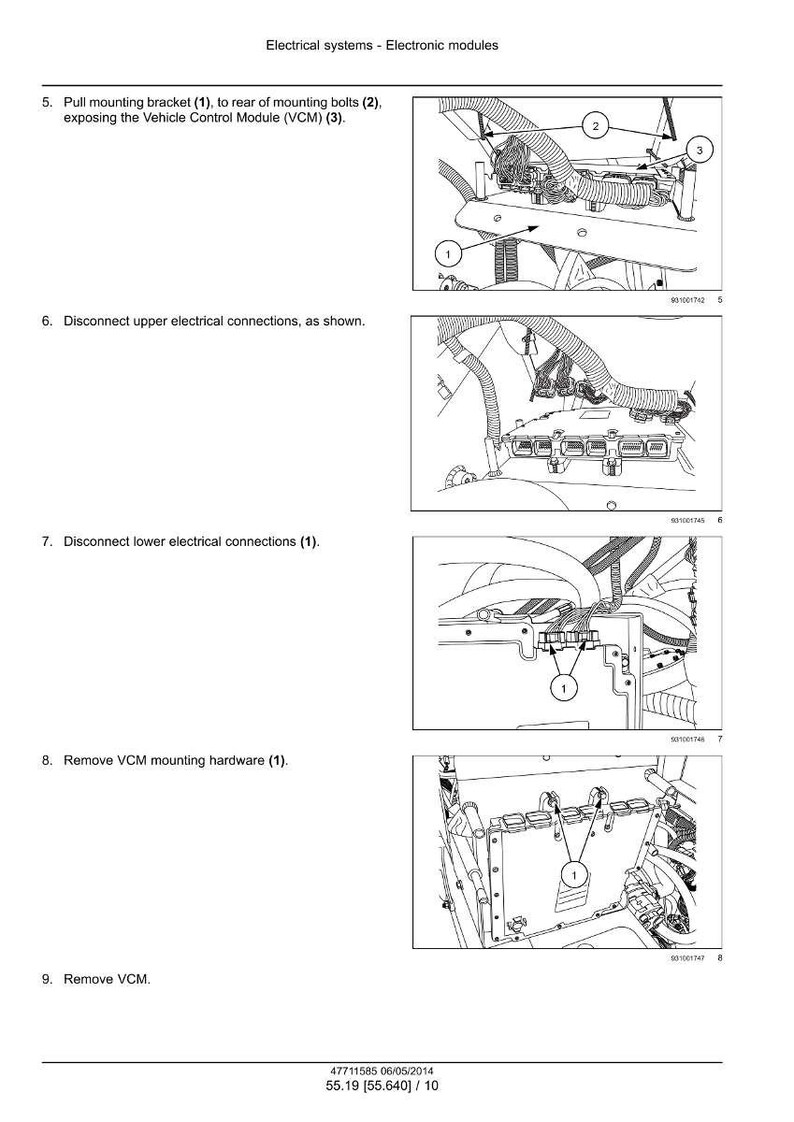 Op de afbeelding: Diagram van componenten van het elektrische systeem van een voertuig, inclusief de Vehicle Control Module (VCM), montagebeugel en elektrische aansluitingen. Instructies voor het loskoppelen en verwijderen van onderdelen. Tekst: "Elektrische systemen - Elektronische modules".