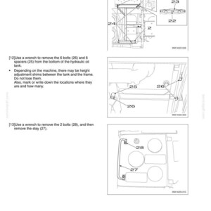 Puede incluir: Diagrama t&eacute;cnico de componentes mec&aacute;nicos con etiquetas e instrucciones. El texto detalla los pasos para quitar pernos, arandelas y soportes con una llave. Incluye diagramas del marco superior de la v&aacute;lvula, el soporte y el dep&oacute;sito de aceite hidr&aacute;ulico.