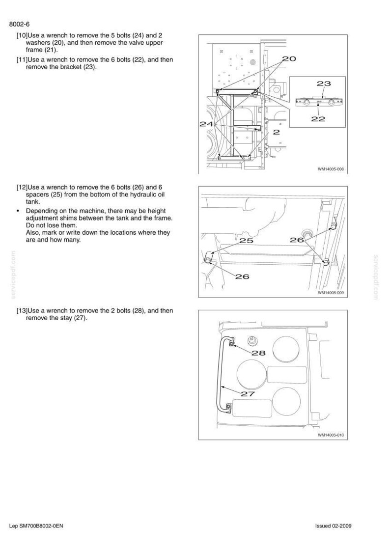 Puede incluir: Diagrama t&eacute;cnico de componentes mec&aacute;nicos con etiquetas e instrucciones. El texto detalla los pasos para quitar pernos, arandelas y soportes con una llave. Incluye diagramas del marco superior de la v&aacute;lvula, el soporte y el dep&oacute;sito de aceite hidr&aacute;ulico.