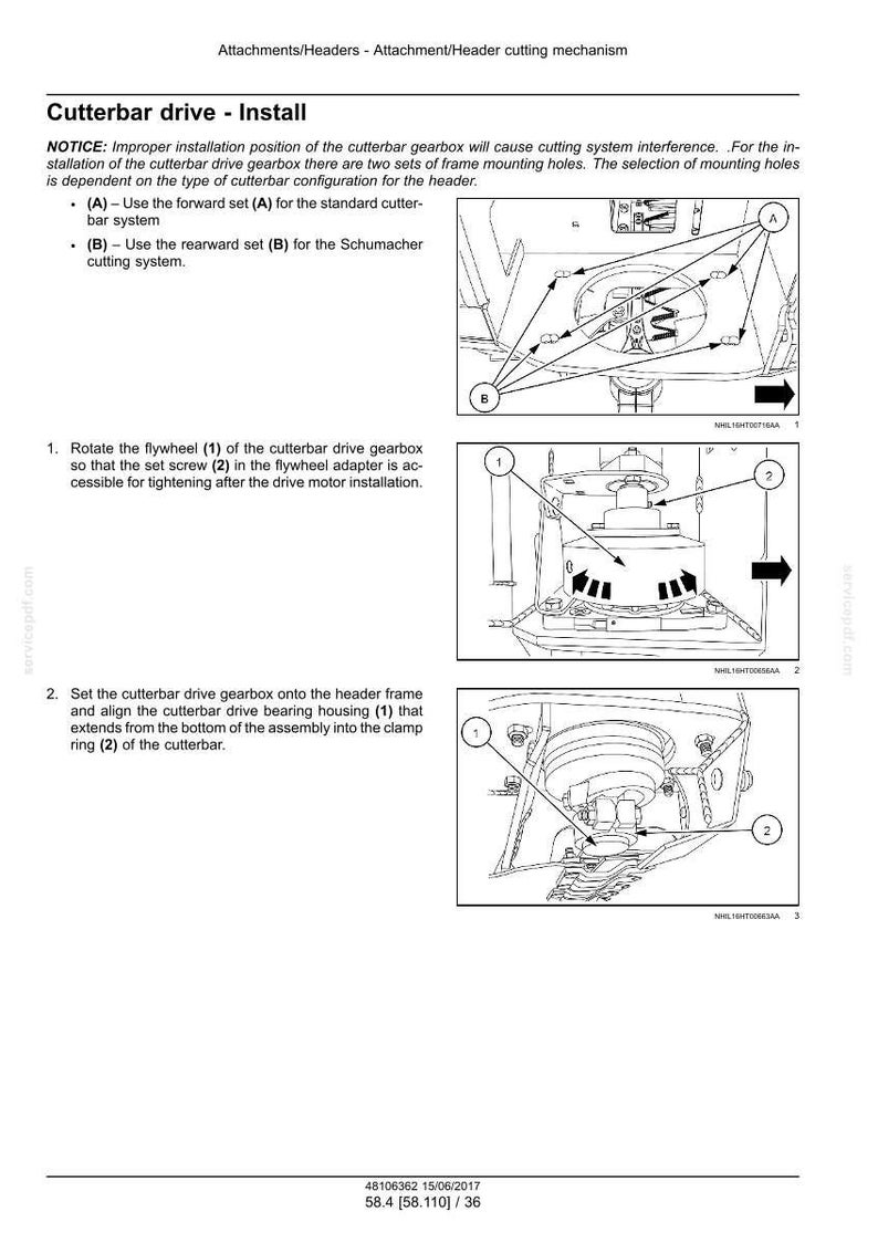 May include: Diagram illustrating the installation of a cutterbar drive gearbox. The image includes detailed instructions with arrows pointing to specific parts, labeled A, B, 1, and 2. Text explains the process for standard and Schumacher cutting systems.
