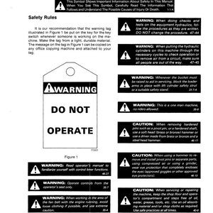 May include: A white and black service manual page with safety warnings. The page includes a warning tag that reads "WARNING DO NOT OPERATE." Additional warnings and cautions are listed with corresponding symbols.