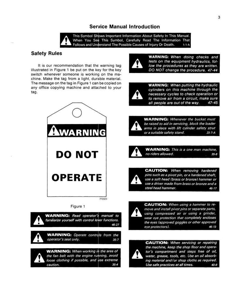 May include: A white and black service manual page with safety warnings. The page includes a warning tag that reads "WARNING DO NOT OPERATE." Additional warnings and cautions are listed with corresponding symbols.