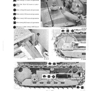 K&ouml;nnte beinhalten: Ein Graustufendiagramm mit dem Titel "Schmierungsanleitung" f&uuml;r einen Dieselmotor. Das Diagramm enth&auml;lt Abbildungen von Motorkomponenten mit Beschriftungen und eine Legende, die Schmierintervalle angibt, z. B. nach jeweils 10, 30, 50, 100, 150 und 500 Betriebsstunden.