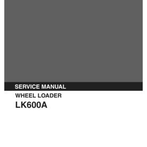 May include: A gray Kobelco service manual for a wheel loader model LK600A. The cover features the white Kobelco logo at the top, with the text SERVICE MANUAL, WHEEL LOADER, and LK600A printed below. It also includes the text Applicable: LK600A RE-2001-.