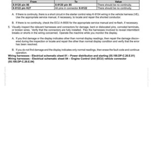 May include: A technical document titled "Electrical systems - FAULT CODES" with tables and instructions for vehicle harness diagnostics. Includes wiring diagrams and fault code troubleshooting steps. The document provides guidance on continuity checks and connector inspections.