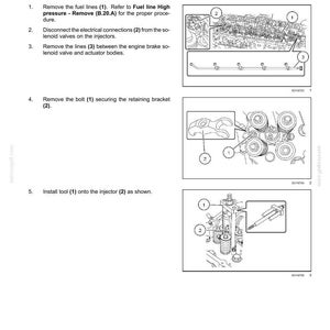 May include: Diagram illustrating the removal of a fuel injector. The image shows numbered steps with corresponding diagrams, including removing fuel lines, electrical connections, and bolts. The text provides instructions for the process.