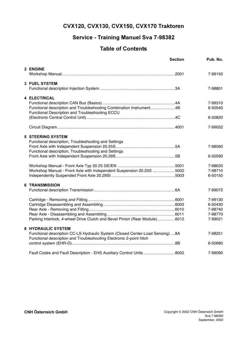 May include: A table of contents page from a service and training manual for CVX120, CVX130, CVX150, and CVX170 tractors. The document includes sections on the engine, fuel system, electrical, steering system, transmission, and hydraulic system.