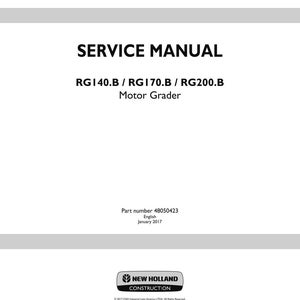 May include: A white service manual cover with the text "SERVICE MANUAL" in bold black letters. Below, it reads "RG140.B / RG170.B / RG200.B Motor Grader." The New Holland Construction logo is at the bottom.