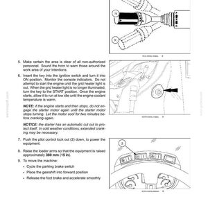 May include: Diagram of operating instructions for machinery. Includes illustrations of a gearshift, ignition switch, and control panel. The text provides steps for starting and operating the equipment, including safety precautions.