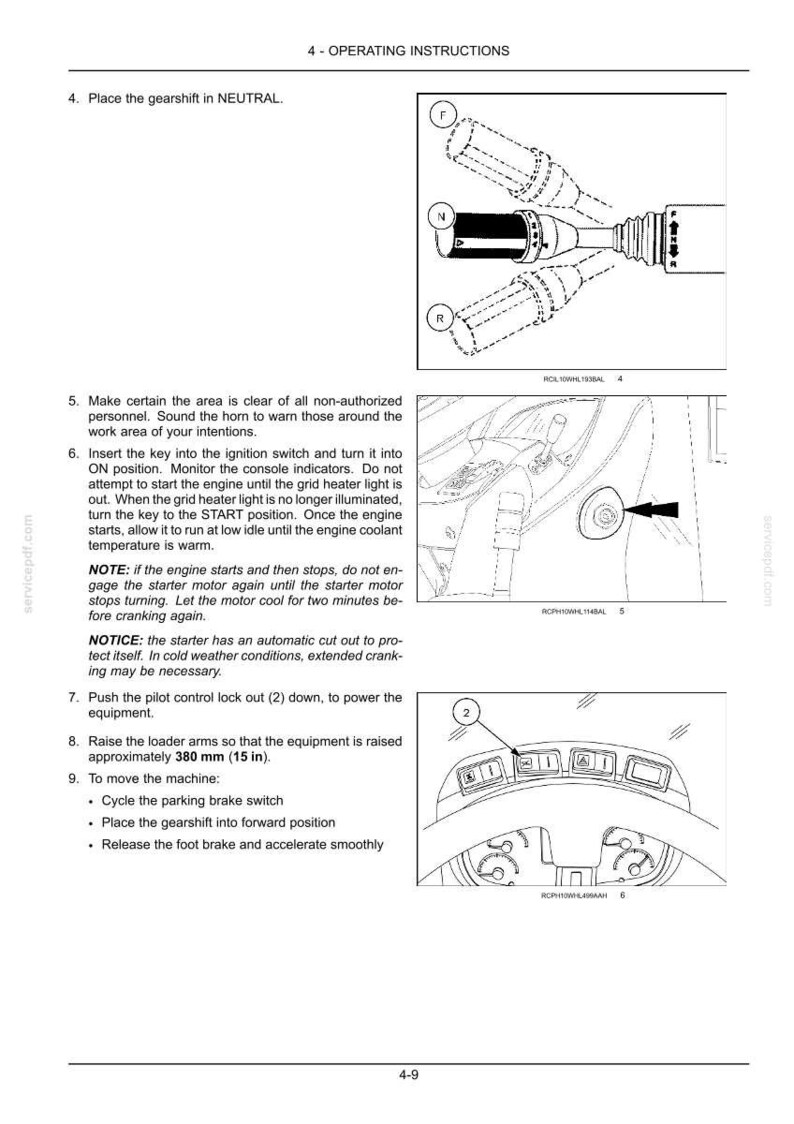 May include: Diagram of operating instructions for machinery. Includes illustrations of a gearshift, ignition switch, and control panel. The text provides steps for starting and operating the equipment, including safety precautions.