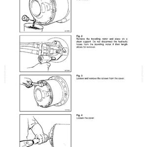 Op de afbeelding: Een pagina uit een handleiding met instructies voor het demonteren van de reistandwielkast. De illustraties tonen stappen zoals het aftappen van olie, het verwijderen van de motor en het losdraaien van schroeven en deksel. De titel is "TRAVEL GEARBOX".