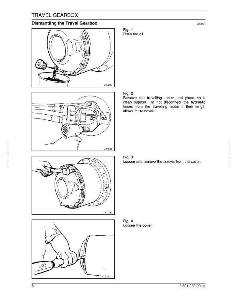 Op de afbeelding: Een pagina uit een handleiding met instructies voor het demonteren van de reistandwielkast. De illustraties tonen stappen zoals het aftappen van olie, het verwijderen van de motor en het losdraaien van schroeven en deksel. De titel is "TRAVEL GEARBOX".