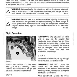 May include: Diagram of a tractor's stabilizer operation, including warnings and step-by-step instructions. The image shows a detailed view of the stabilizer components, with numbered parts and text descriptions for proper adjustment and use. Safety warnings are also included.