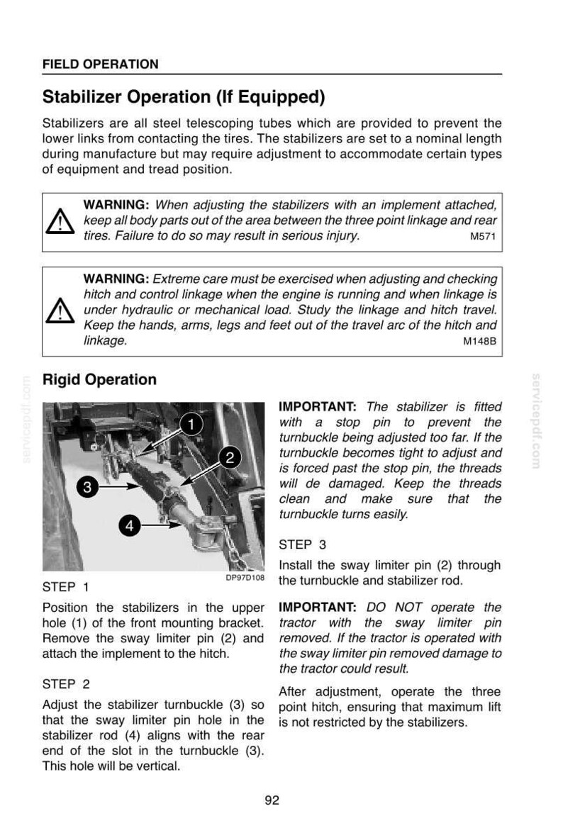 May include: Diagram of a tractor's stabilizer operation, including warnings and step-by-step instructions. The image shows a detailed view of the stabilizer components, with numbered parts and text descriptions for proper adjustment and use. Safety warnings are also included.