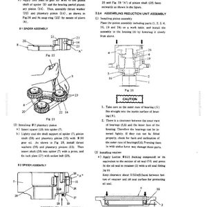 May include: A technical manual page detailing the assembly of a spider and reduction unit. The document includes diagrams labeled Fig. 22 through Fig. 26, showing mechanical parts, gear oil application, and a clearance measurement of 0.02 inches.