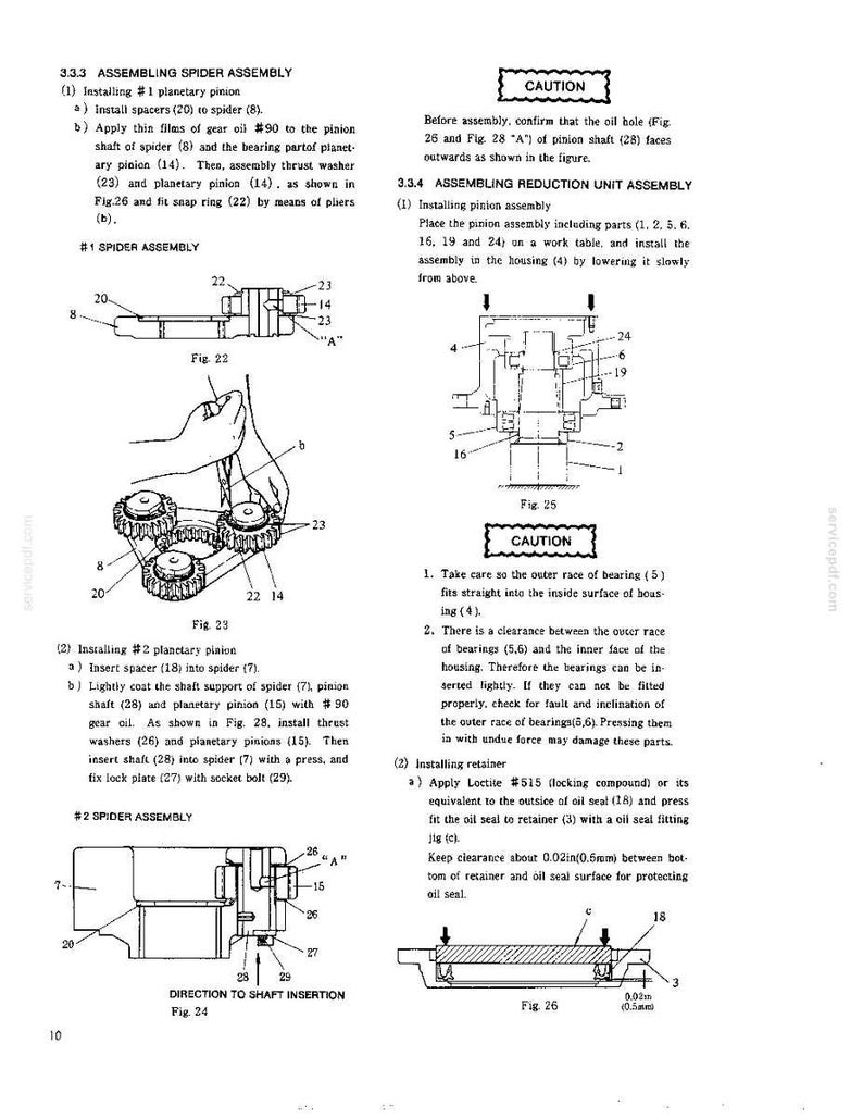 May include: A technical manual page detailing the assembly of a spider and reduction unit. The document includes diagrams labeled Fig. 22 through Fig. 26, showing mechanical parts, gear oil application, and a clearance measurement of 0.02 inches.