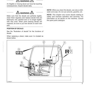 May include: Diagram of a vehicle's interior with numbered decal locations. The image includes safety warnings and instructions for decal maintenance, emphasizing the importance of legible decals for safety.