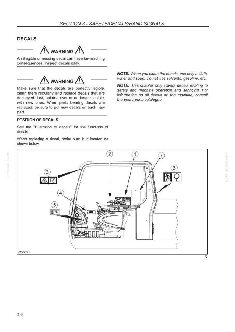 May include: Diagram of a vehicle's interior with numbered decal locations. The image includes safety warnings and instructions for decal maintenance, emphasizing the importance of legible decals for safety.