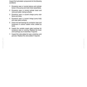 May include: A technical document page titled Section 29 - Hydrostatic Transmission - Chapter 1. It provides inspection instructions for hydrostatic components, listing seven specific conditions to check for wear, scoring, and damage in pistons, cylinders, and bearings.