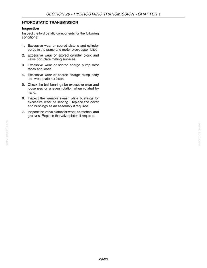 May include: A technical document page titled Section 29 - Hydrostatic Transmission - Chapter 1. It provides inspection instructions for hydrostatic components, listing seven specific conditions to check for wear, scoring, and damage in pistons, cylinders, and bearings.