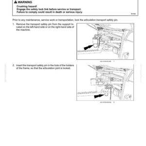 May include: Diagram illustrating the removal and insertion of a transport safety pin and support strut. The image includes a warning about crushing hazards and instructions for locking the articulation joint.