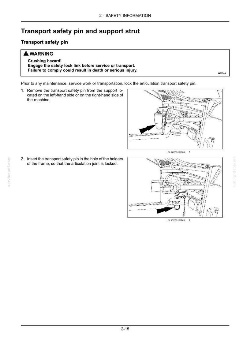 May include: Diagram illustrating the removal and insertion of a transport safety pin and support strut. The image includes a warning about crushing hazards and instructions for locking the articulation joint.