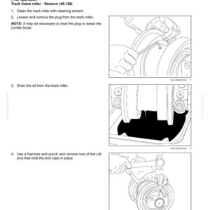 Puede incluir: Diagrama t&eacute;cnico que muestra el desmontaje de un rodillo de bastidor de oruga. Las instrucciones incluyen limpieza, extracci&oacute;n del tap&oacute;n, drenaje de aceite y extracci&oacute;n de pasadores. Dibujo t&eacute;cnico detallado.