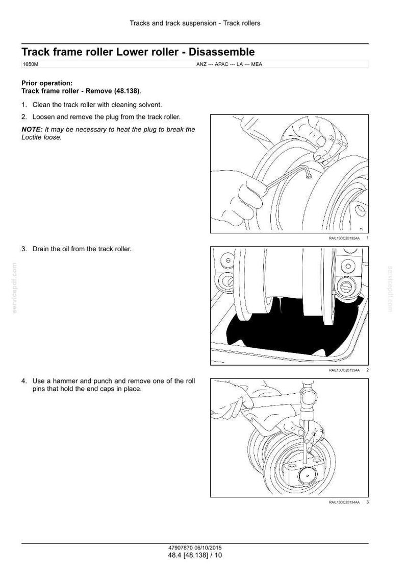 Puede incluir: Diagrama t&eacute;cnico que muestra el desmontaje de un rodillo de bastidor de oruga. Las instrucciones incluyen limpieza, extracci&oacute;n del tap&oacute;n, drenaje de aceite y extracci&oacute;n de pasadores. Dibujo t&eacute;cnico detallado.
