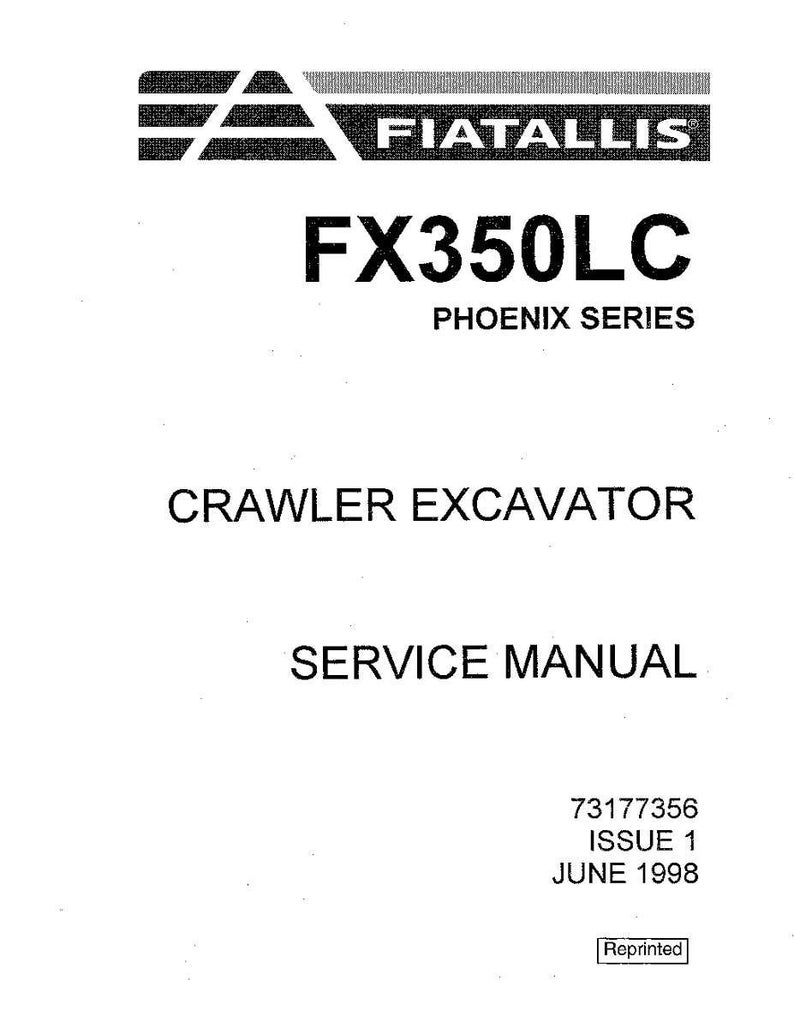 May include: A white service manual for a Fiatallis FX350LC Crawler Excavator. The cover includes the Fiatallis logo, the text "FX350LC PHOENIX SERIES", and "SERVICE MANUAL". The issue date is June 1998.