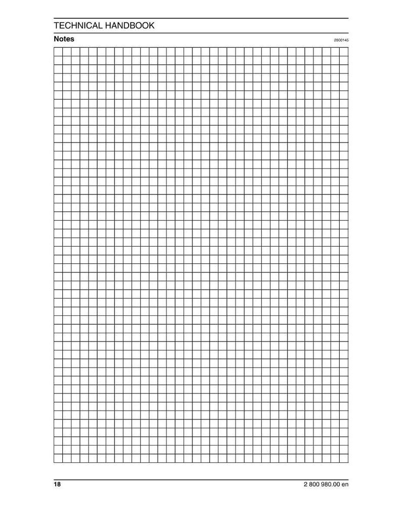 Puede incluir: Una p&aacute;gina de un manual t&eacute;cnico con un patr&oacute;n de cuadr&iacute;cula para notas. La parte superior de la p&aacute;gina tiene el texto "TECHNICAL HANDBOOK" y "Notes". La cuadr&iacute;cula est&aacute; compuesta por l&iacute;neas finas y negras sobre un fondo blanco.