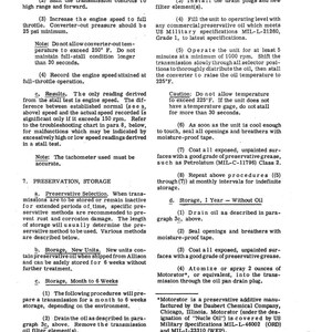 Op de afbeelding: Een pagina uit een handleiding met details over het conserveren en opslaan van een Torqmatic-transmissie. De tekst bevat instructies voor het aftappen van olie, het afdichten van openingen en het aanbrengen van conserveringsvet. Het document vermeldt militaire specificaties.