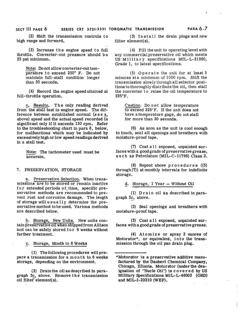Op de afbeelding: Een pagina uit een handleiding met details over het conserveren en opslaan van een Torqmatic-transmissie. De tekst bevat instructies voor het aftappen van olie, het afdichten van openingen en het aanbrengen van conserveringsvet. Het document vermeldt militaire specificaties.