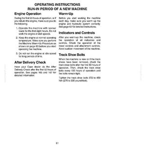 Peut inclure: Page d'un manuel d'utilisation avec des instructions pour une nouvelle machine. Le texte d&eacute;crit le fonctionnement du moteur, les proc&eacute;dures de r&eacute;chauffement, les indicateurs, les commandes et les boulons de chenille. Mesures en Newton-m&egrave;tres.