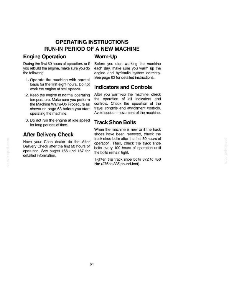 Peut inclure: Page d'un manuel d'utilisation avec des instructions pour une nouvelle machine. Le texte d&eacute;crit le fonctionnement du moteur, les proc&eacute;dures de r&eacute;chauffement, les indicateurs, les commandes et les boulons de chenille. Mesures en Newton-m&egrave;tres.