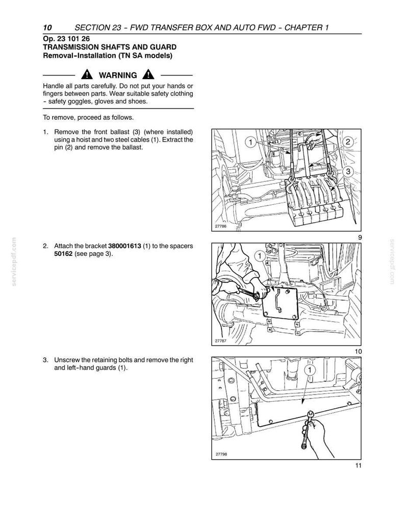 May include: A technical manual page titled Section 23 - FWD Transfer Box and Auto FWD - Chapter 1, detailing the removal and installation of transmission shafts and guards for TN SA models, featuring three black and white line art diagrams.