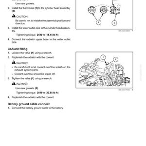 May include: Diagram of an engine cooling system installation guide. Instructions include installing the thermostat, connecting hoses, and tightening torque specifications in lb ft. Includes diagrams with numbered components.