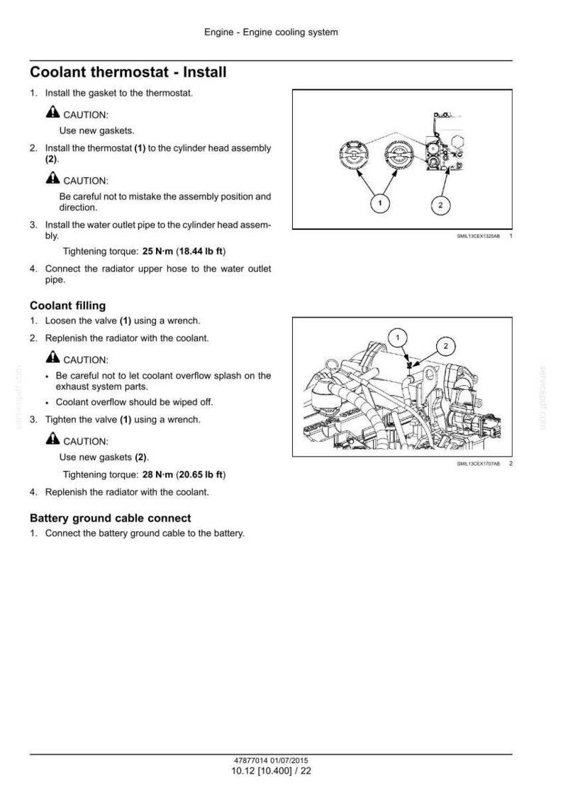 May include: Diagram of an engine cooling system installation guide. Instructions include installing the thermostat, connecting hoses, and tightening torque specifications in lb ft. Includes diagrams with numbered components.