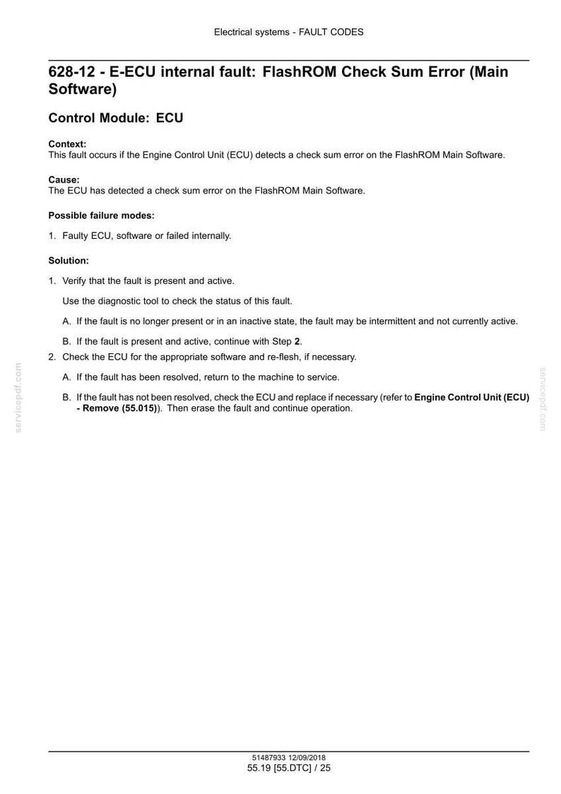 May include: A document detailing fault codes for electrical systems, specifically the 628-12 E-ECU internal fault: FlashROM Check Sum Error. The text explains the context, cause, possible failure modes, and solution steps for the error.