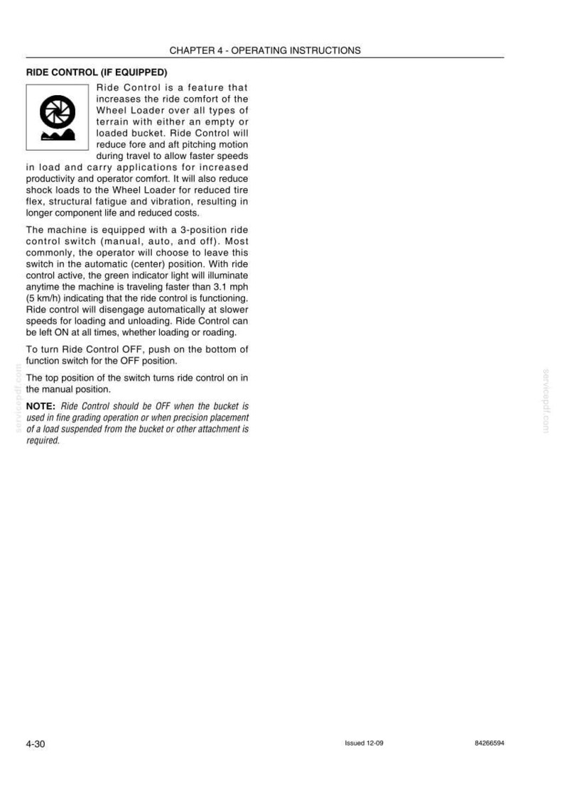 Op de afbeelding: Pagina uit een handleiding. De tekst beschrijft de Ride Control-functie voor een wiellader, inclusief de functie, bediening en de 3-standen schakelaar. De tekst bevat ook een opmerking over wanneer Ride Control moet worden uitgeschakeld.