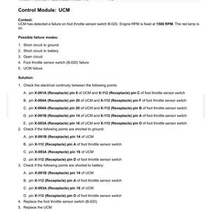 May include: A technical document titled "Electrical systems - FAULT CODES" with troubleshooting steps for a foot throttle issue. The document includes a list of possible failure modes, solutions, and wiring harness information. The text is in black font on a white background.