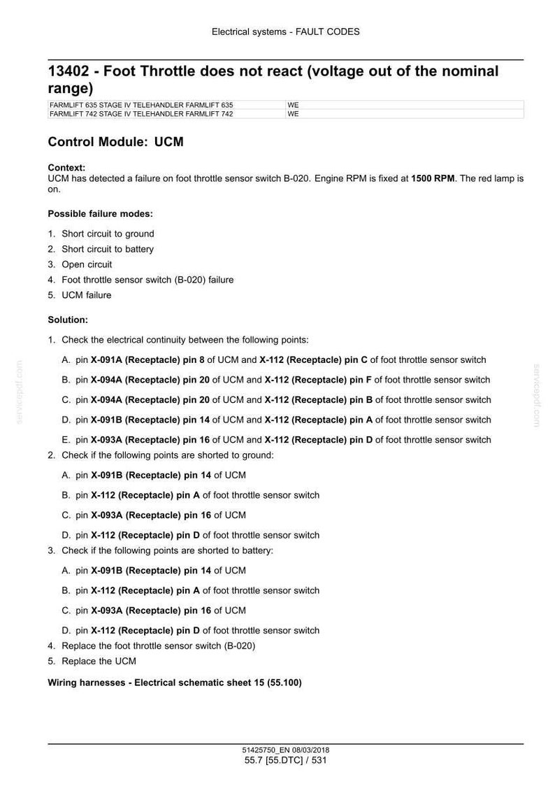 May include: A technical document titled "Electrical systems - FAULT CODES" with troubleshooting steps for a foot throttle issue. The document includes a list of possible failure modes, solutions, and wiring harness information. The text is in black font on a white background.
